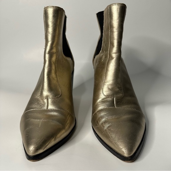 Schutz Happy Platina Gold Leather Chelsea Block Booties Pointed Toe Formal - Picture 3 of 14